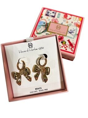 House of Harlow 1960 Gold Bow Dangle Hoop Earrings NIB